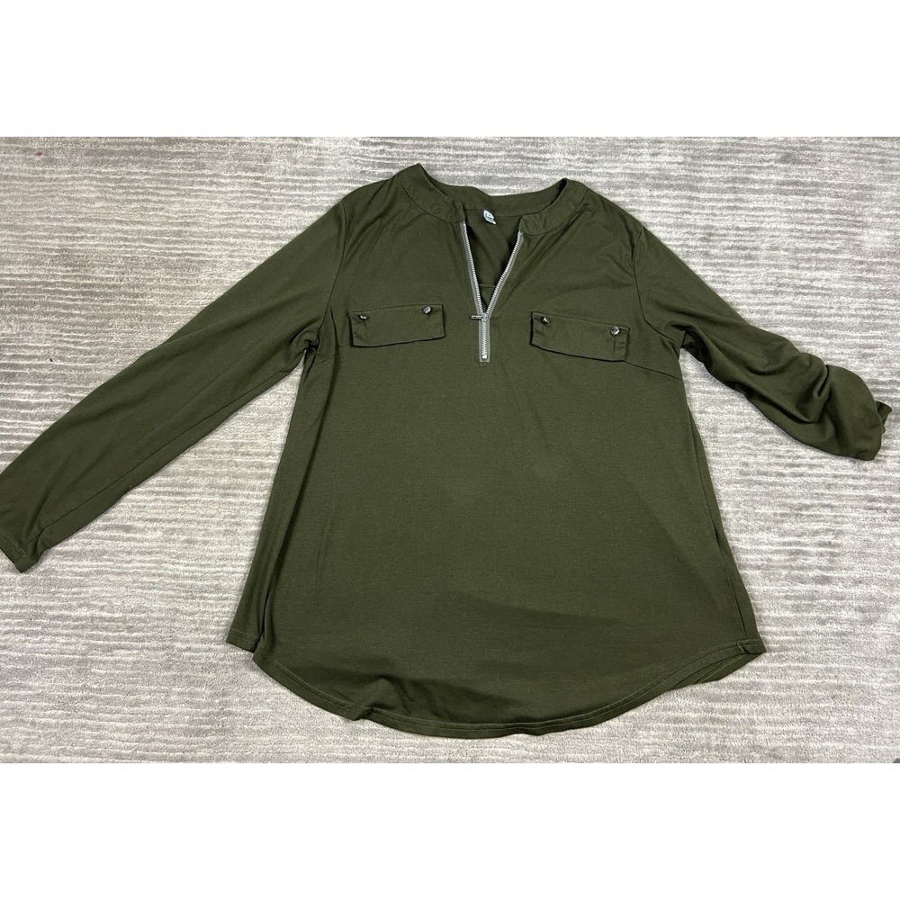 Luckymore‎ Top Womens Large Green Roll Tabl Long Sleeve 1/4 Zip Polyester Blend